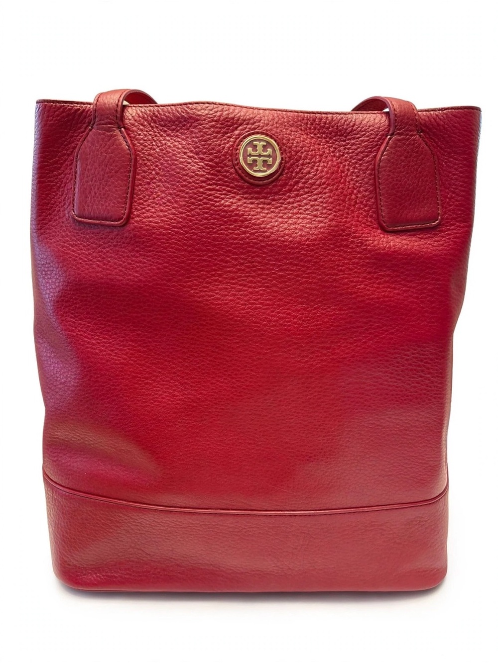 Tory Burch McGraw Imperial Garnet Red Tote Pebbled Leather Gold Logo + Dust Bag